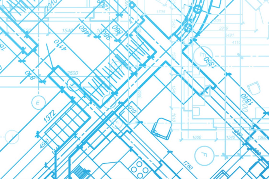 light blue outlines of building plans on a white background