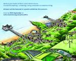 Poster showing an artist's impression of a carbon neutral North Somerset, to advertise the Picture This art competition. Illustration shows North Somerset's key landmarks, with wind turbines, buses, and fields growing crops.