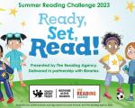 A Reading Agency graphic that reads Summer Reading Challenge 2023 Ready, Set, Read! The background is a cartoon of various children and young people dressed as though they're taking part in sports