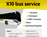 Poster for X10 bus service from Clevedon, Portishead, Cribbs Causeway, Filton to Southmead Hopsital.
