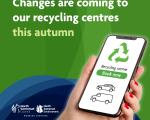 A hand with red-painted nails holding a smartphone displaying ‘Recycling centre’ and ‘Book now’ with car and van icons. Green and blue background featuring North Somerset Council and North Somerset Environment Company logos.