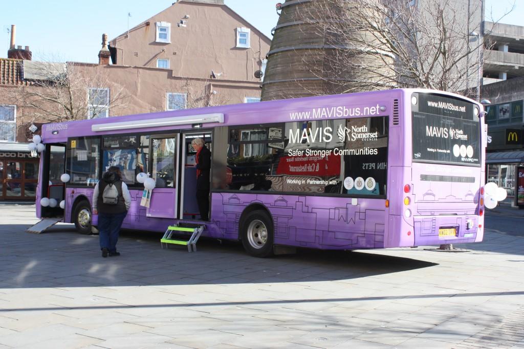 A back view of a purple bus parked in Weston-super-Mare town centre