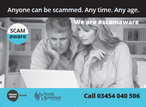 A black and white photo of a man and woman looking at a computer with North Somerset Council scam hotline phone numbers in the bottom right 