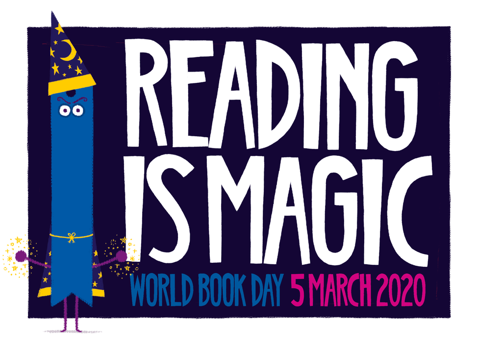 A blue book mark dressed up as a wizard with the text reading is magic, world book day 5 March 2020