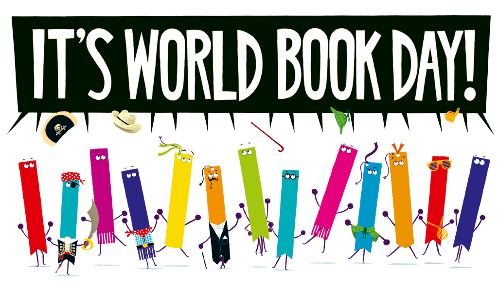 different coloured bookmark characters collectively saying it's world book day! 