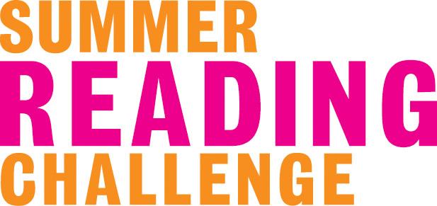 The logo for the Summer Reading Challenge in with each word in capitals on a new line aligned to the left. The word 'Summer' is in orange, the word 'Reading' is in pink, and the word 'Challenge' is in orange.