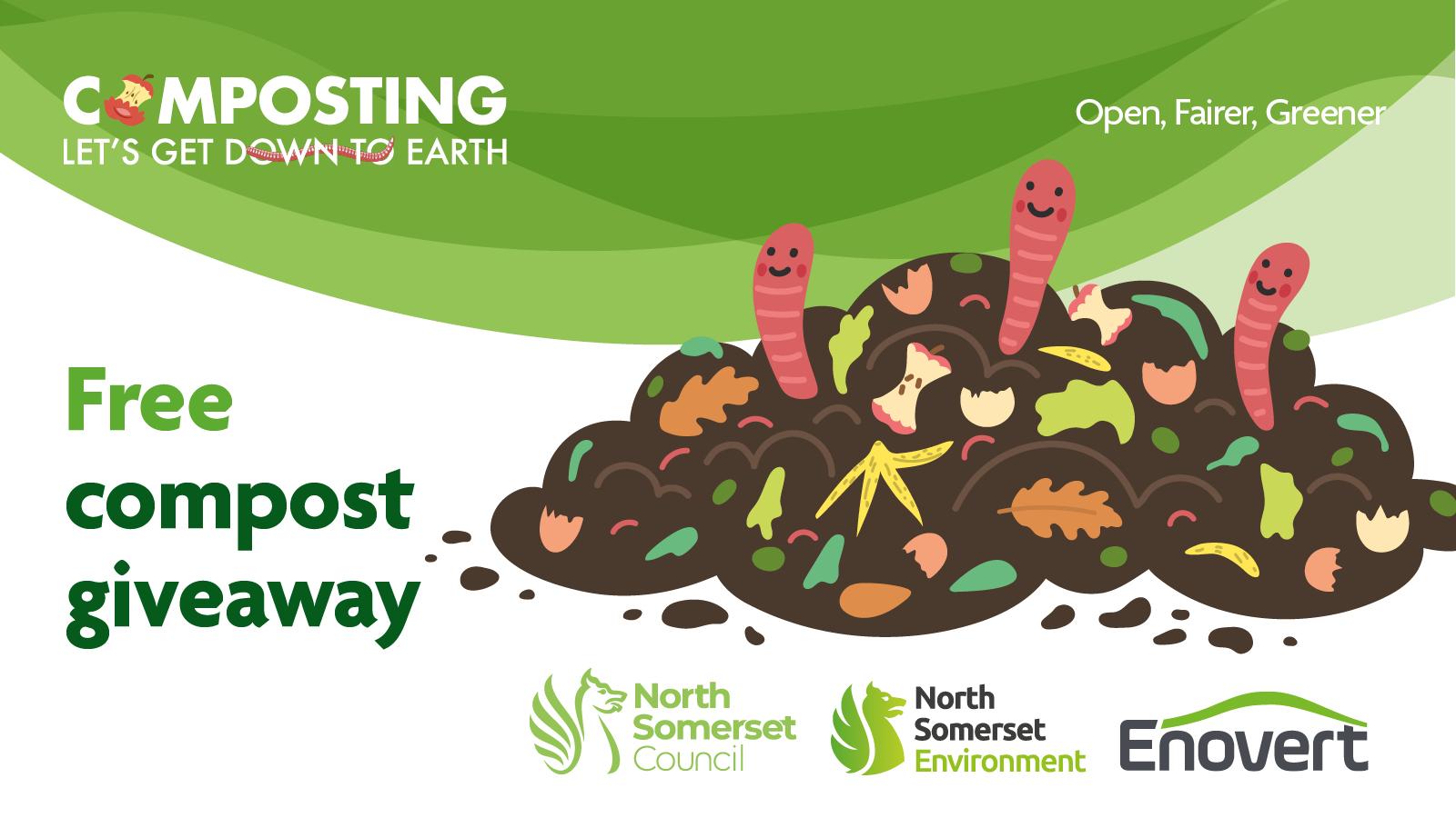 A poster which reads free compost giveaway and has a cartoon of a pile of compost with three worms sticking out of it.