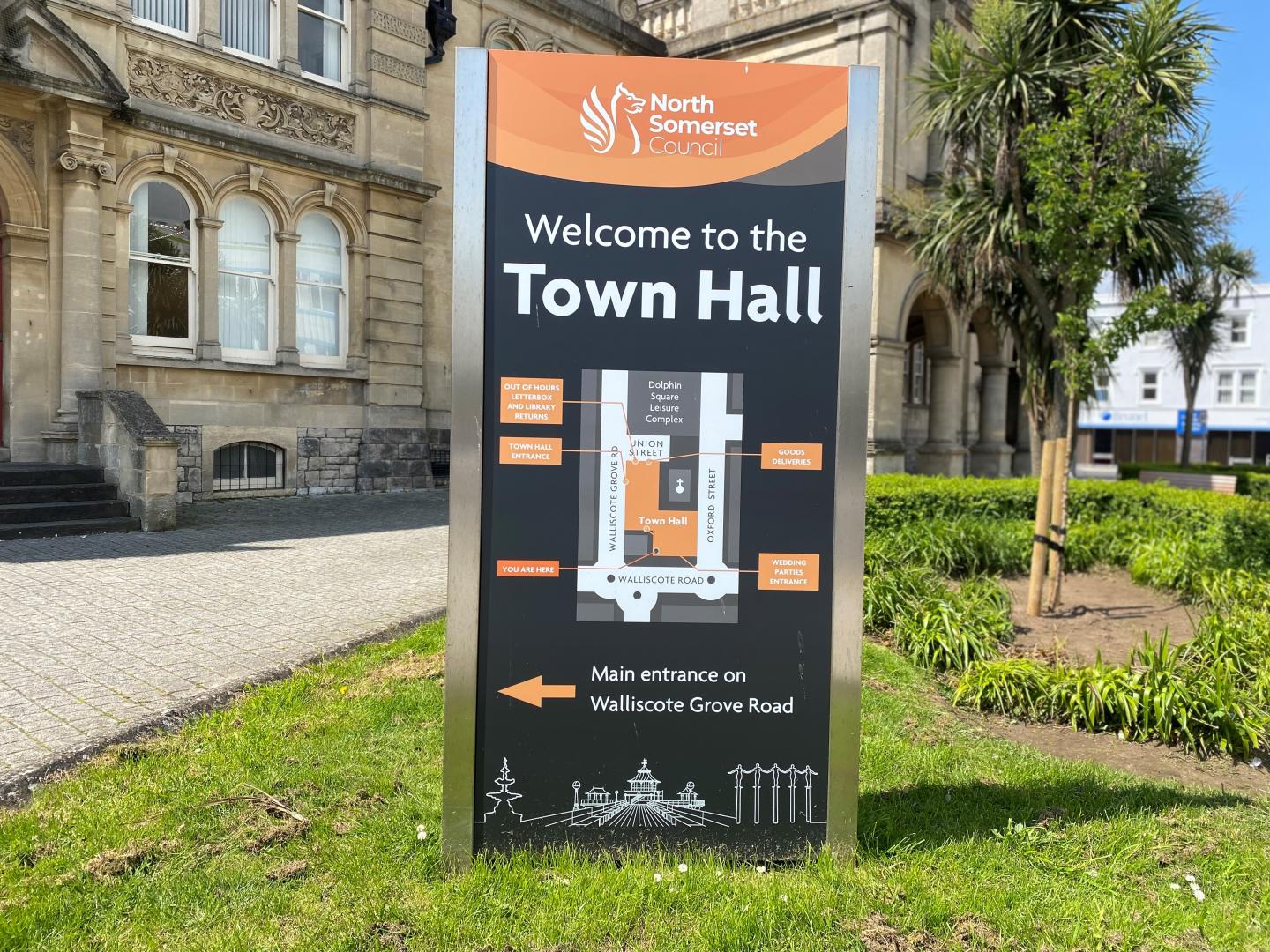 Welcome sign at the front of the Town Hall in Weston-super-Mare