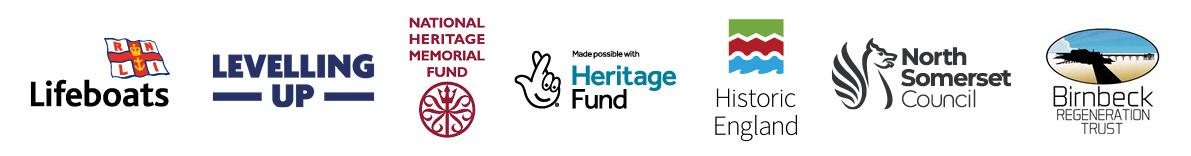 Logos for the RNLI, UK government's Levelling Up Fund, National Heritage Memorial Fund, National Lottery Heritage Fund, Historic England, North Somerset Council and the Birnbeck Regeneration Trust