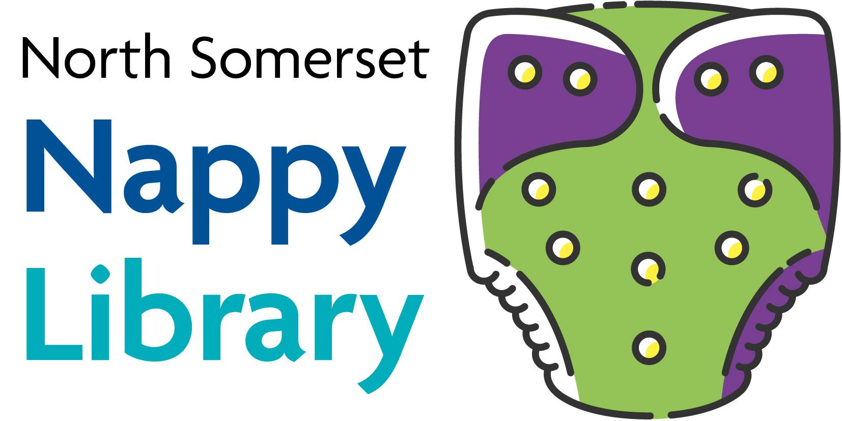 North Somerset Nappy Library logo showing a reusable nappy coloured purple and green, next to the title of the service