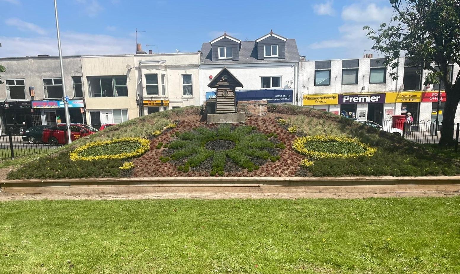 A photo of the floral clock in Weston-super-Mare with RNLI 200th anniversary planting complete taken on 5 June 2024