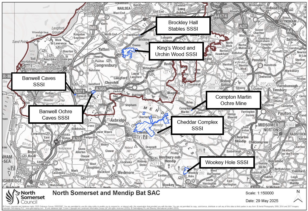 A map area showing the The North Somerset and Mendip Bats Special Area of Conservation (SAC) with the specific areas highlighted by square labels