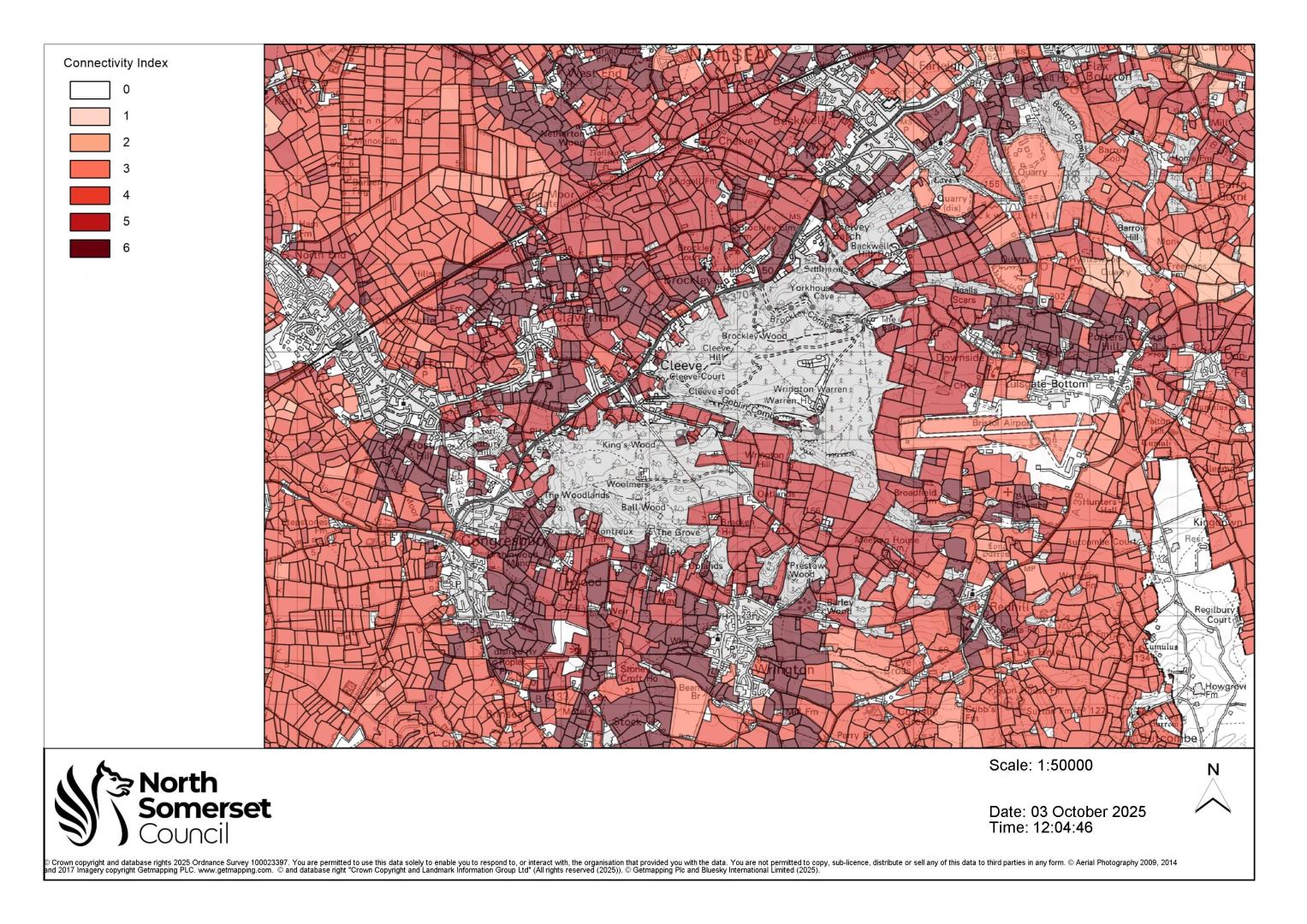 A map image showing the connectivity areas between bat roosts highlighted in red