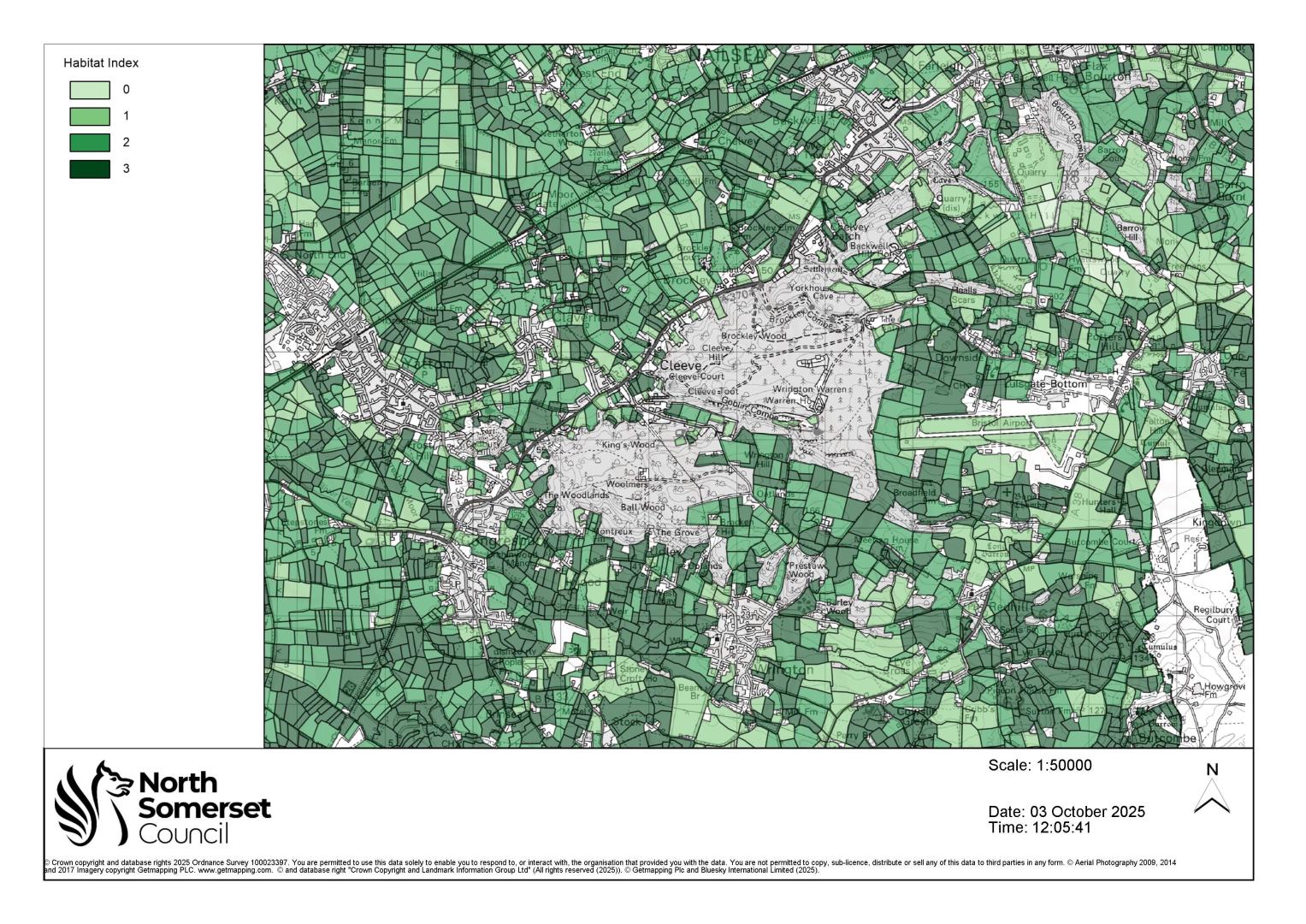 A map showing the areas indicated as a Horseshoe bat habitat highlighted in green