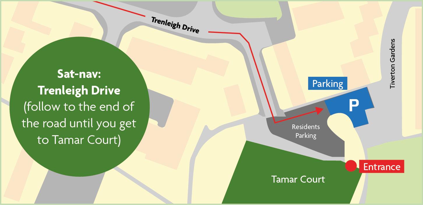 A map showing how to get to the Independent Living Centre with a green circle showing where to turn on Tamar Court