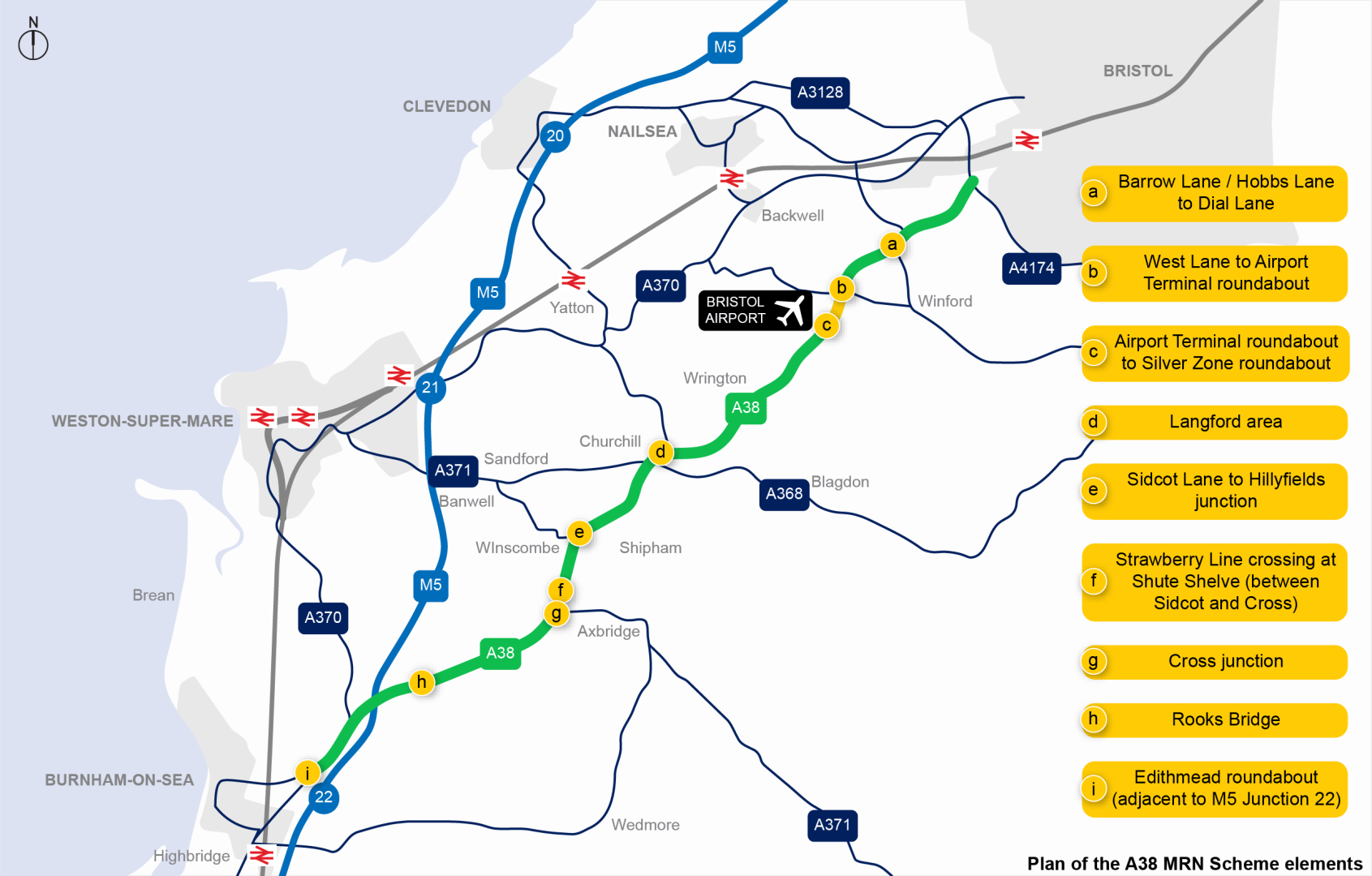 A map highlighting in yellow the nine locations involved in the A38 major road network scheme
