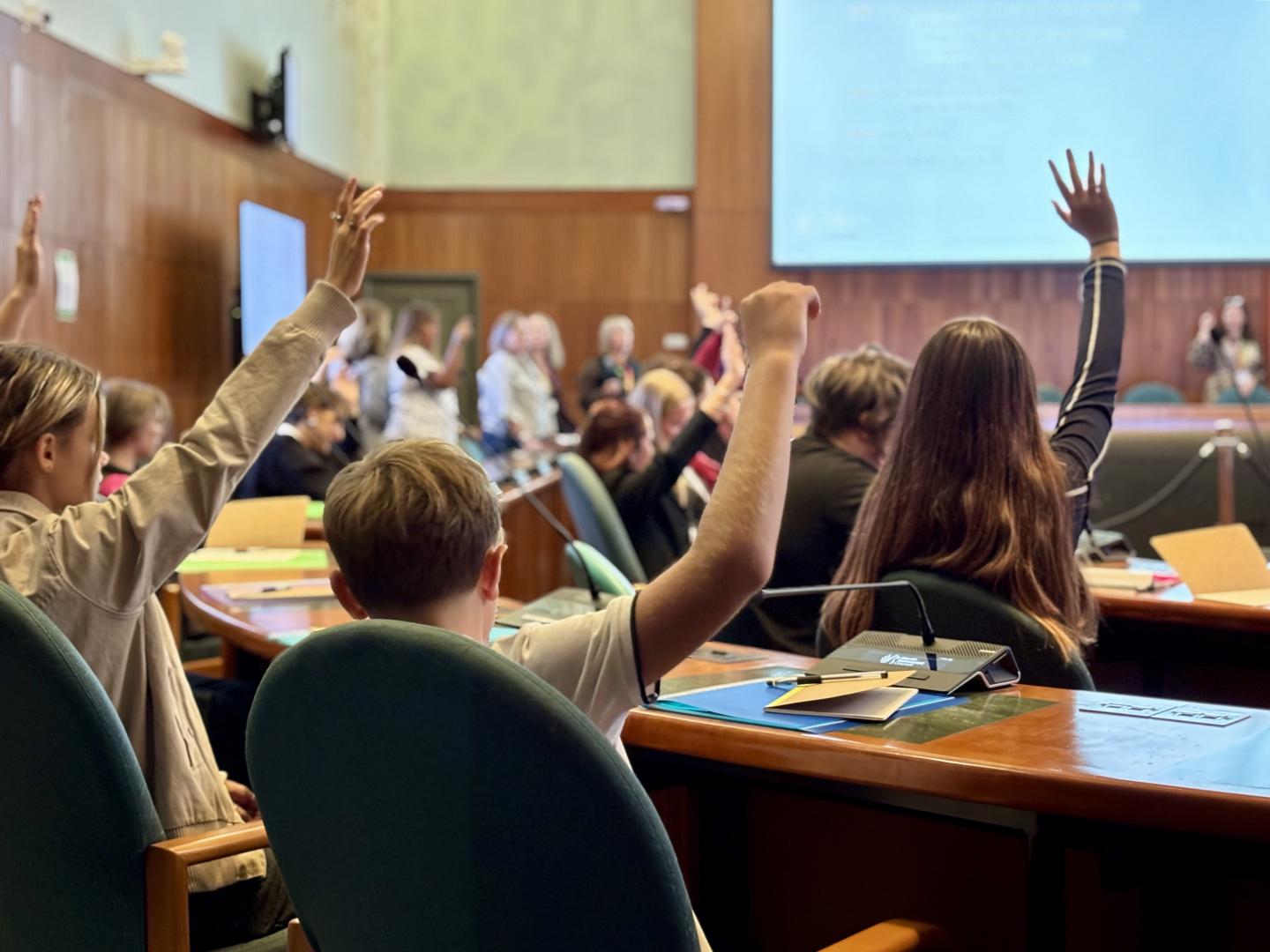 Young people who are members of the Youth Parliament voting on their priorities for the coming year