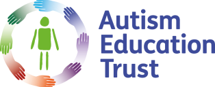 Logo for the Autism Education Trust showing a green figure circled by rainbow coloured hands