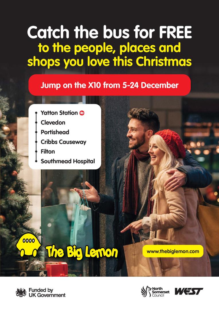 An advertising poster for the free Christmas 2024 bus travel offer showing a smiling couple in winter clothes