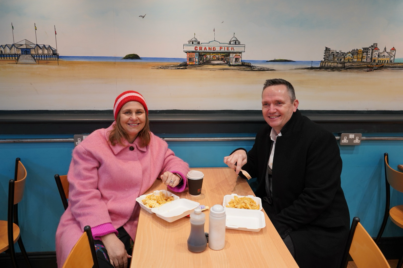 Mayor Helen Godwin and Cllr Mike Bell enjoying chips in Weston-super-Mare