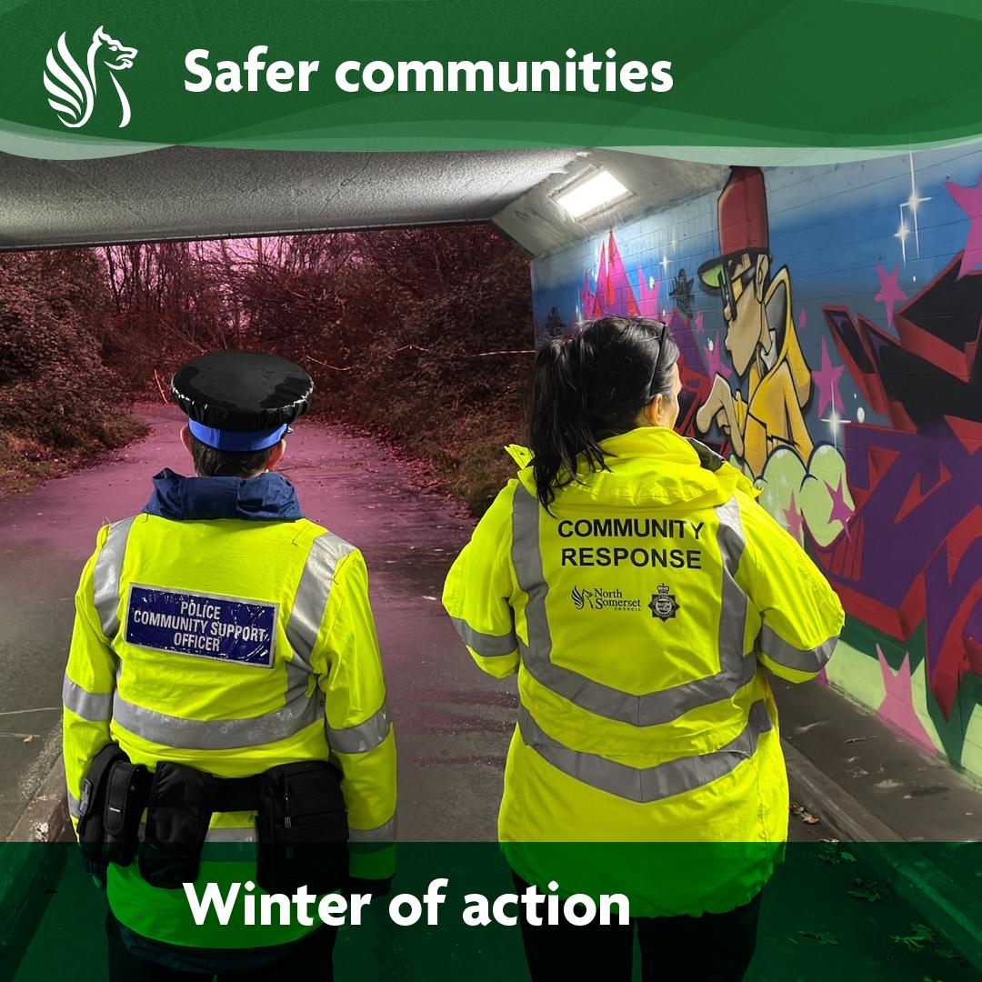 Image of Police community support officer and warden walking through North Somerset streets