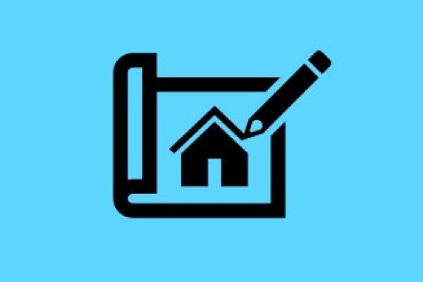 A bright blue box with an icon of a piece of paper rolled out in the middle, with a pencil drawing in an outline of a house on the paper