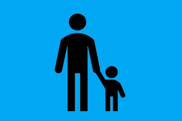A silhouette of a parent holding a child's hand on a blue background.