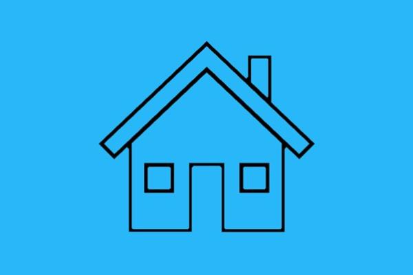 Blue background with a black house icon
