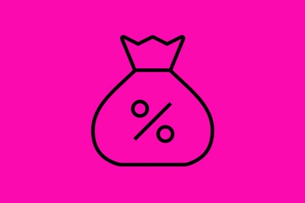 Pink background with a money bag and percentage sign icon