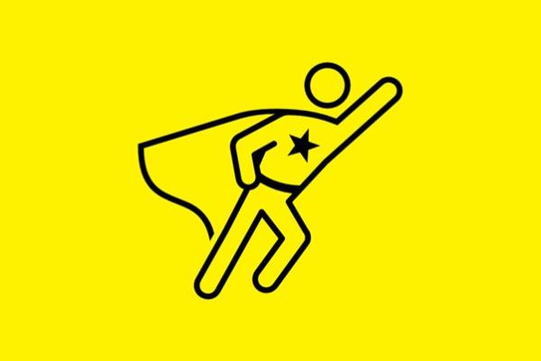 Yellow background with a black line drawing of a superhero