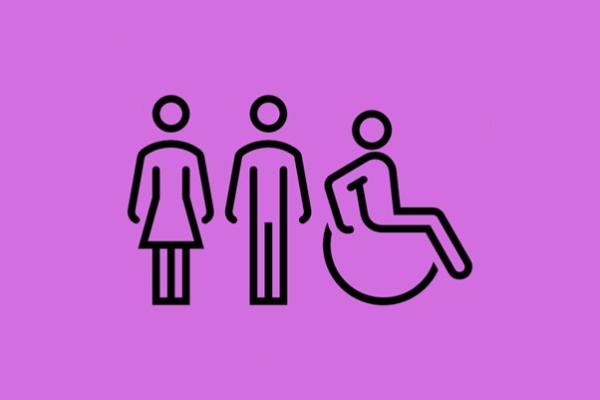 Purple background with two people and a person in a wheelchair