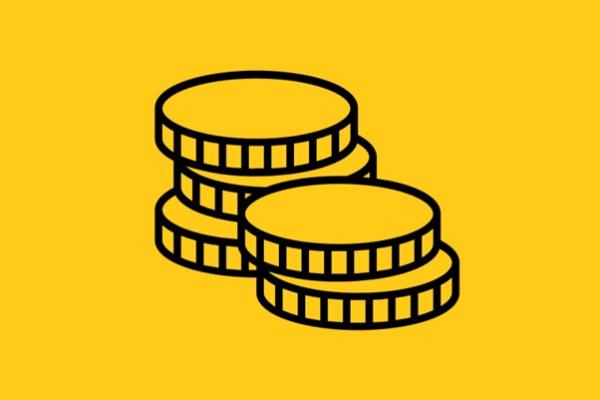 Orange background with a stack of coin icons