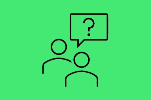 Green background with two people and a question mark in a speech bubble icon