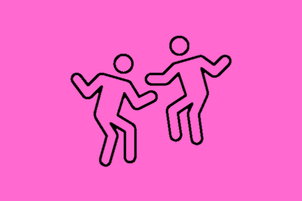 Black line drawing of two people dancing on a pink background.