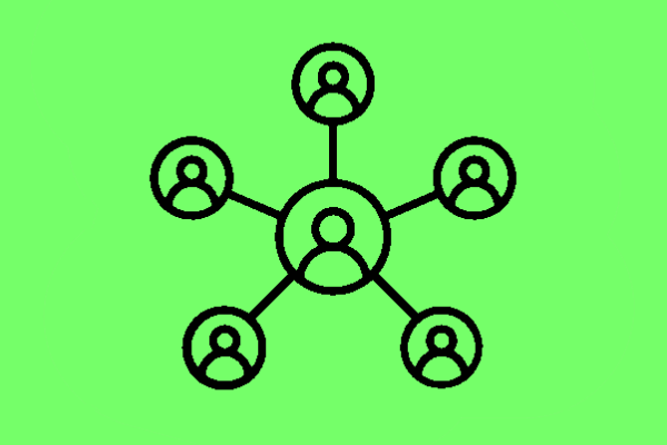 A line drawing of a spider diagram connecting multiple people on a green background.