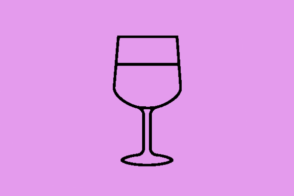A line drawing of glass of wine on a lilac background