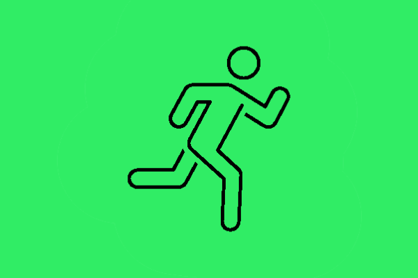 A line drawing of a person running on a green background