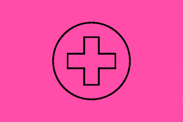 A line drawing of a plus symbol inside a circle on a pink background