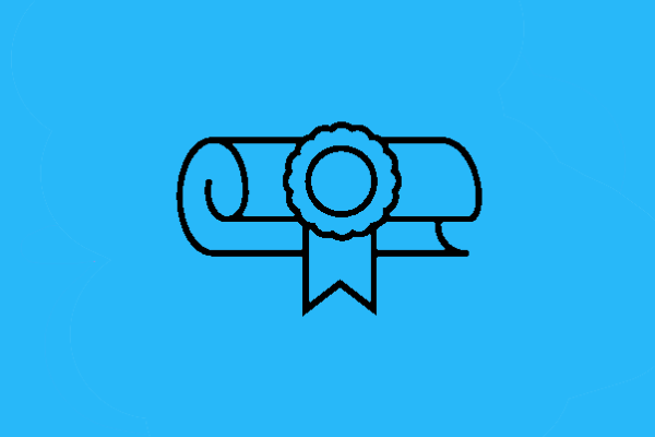 A line drawing of a scroll wrapped up with a rosette on it on a blue background