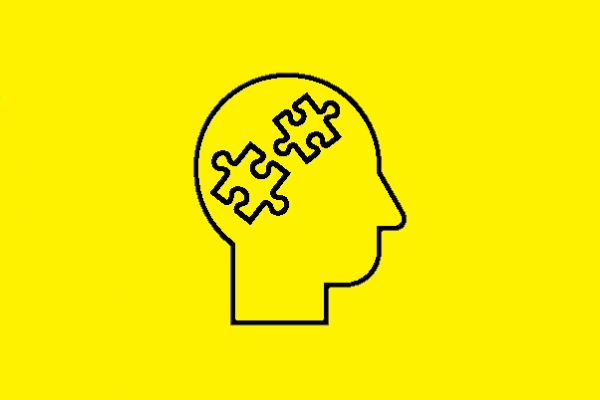 A black line drawing of the outline of a persons head with two jigsaw pieces inside on a yellow background