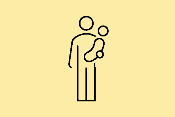 A line drawing of a person holding a baby in their left arm on a pale yellow background