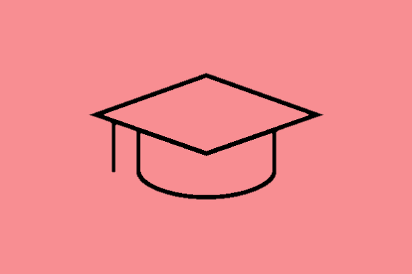 Line drawing of a graduation hat on a pale red background.