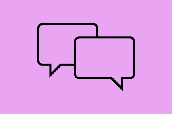 A black line drawing of two speech bubbles on a lilac background.