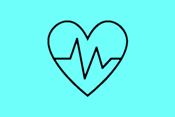 A black line drawing of a heart with a heart monitor line inside the heart on a light blue background.