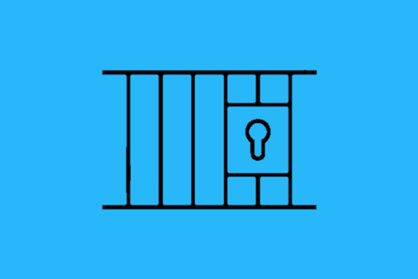 A line drawing of a gate with a lock on a blue background.