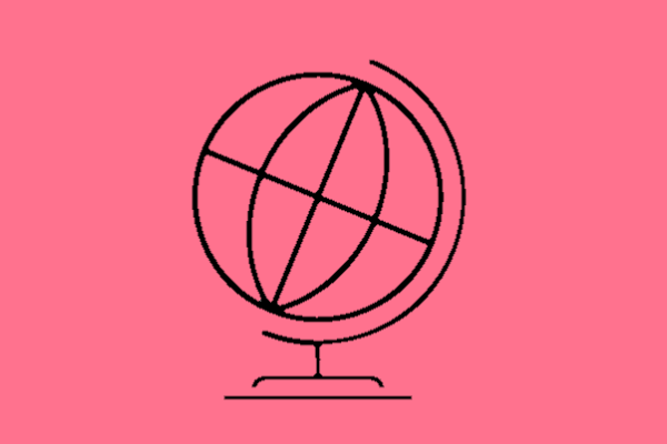 A line drawing of a globe on a pale pink background.
