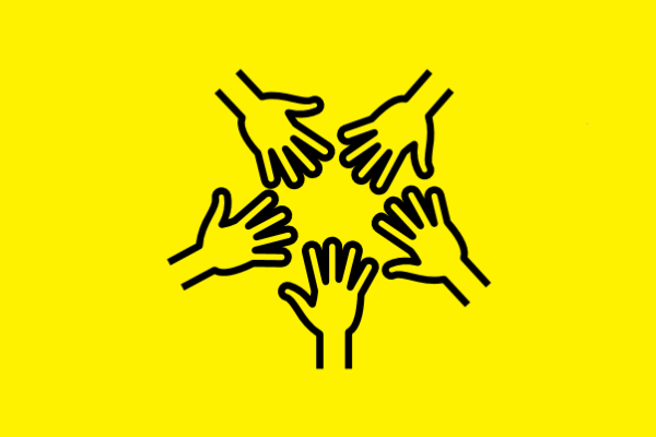 A line drawing of five hands reaching into the centre of the picture on a yellow background.
