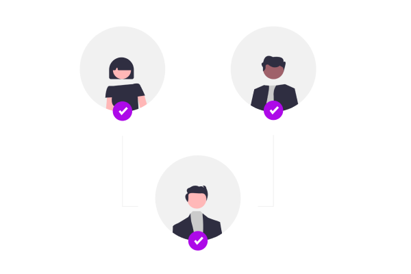 Three circles arranged in a triangle showing the head and shoulders of three young students in outline.