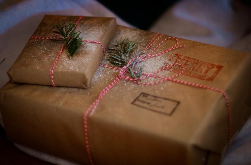 Christmas presents wrapped in brown paper