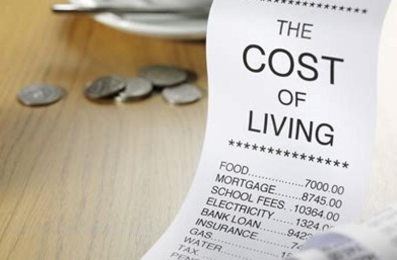 a receipt titled the cost of living with a list of prices for food, mortgage and electricity